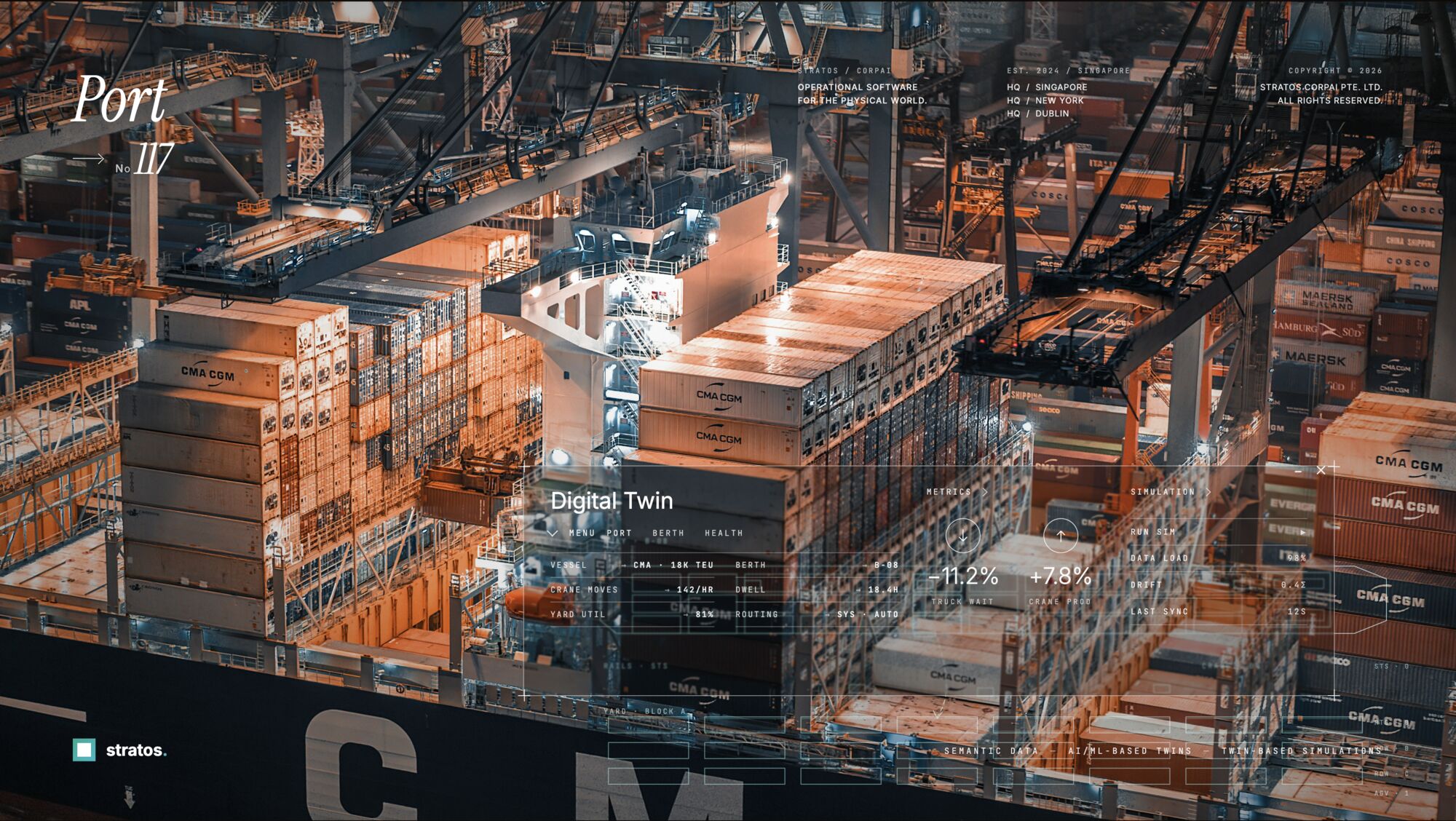 Stratos digital twin overlay on a night-time container terminal — vessel, berth, crane moves and yard utilisation